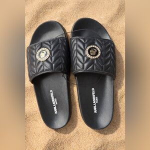 Karl Lagerfeld Black Quilted Sandals gold logo with rhinestones